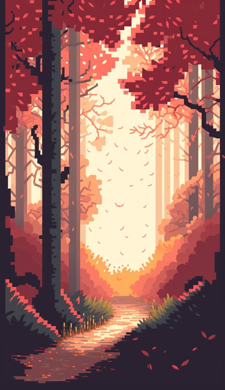 an image of a forest scene with trees and leaves in the fall colors, as if it were pixelated