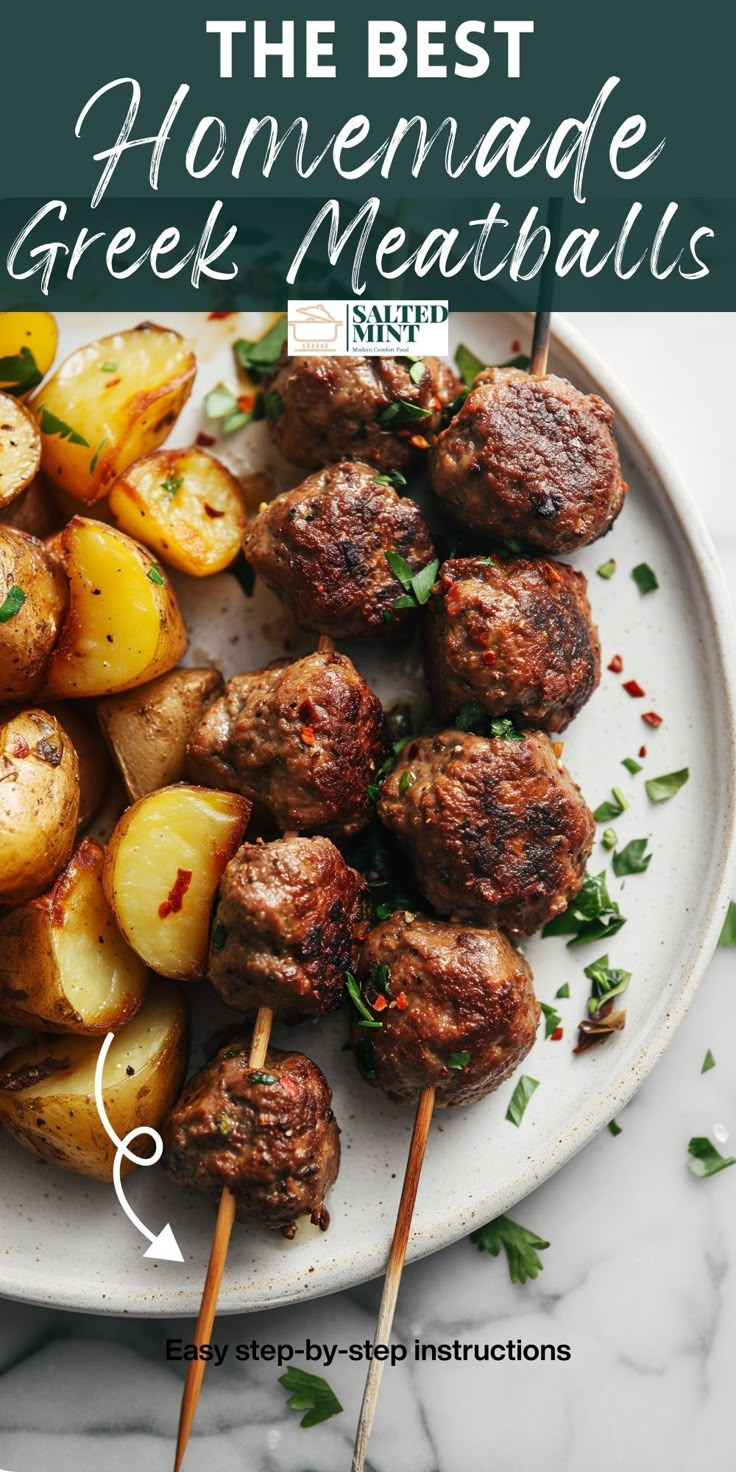 the best homemade greek meatballs on a white plate with skewers and parsley