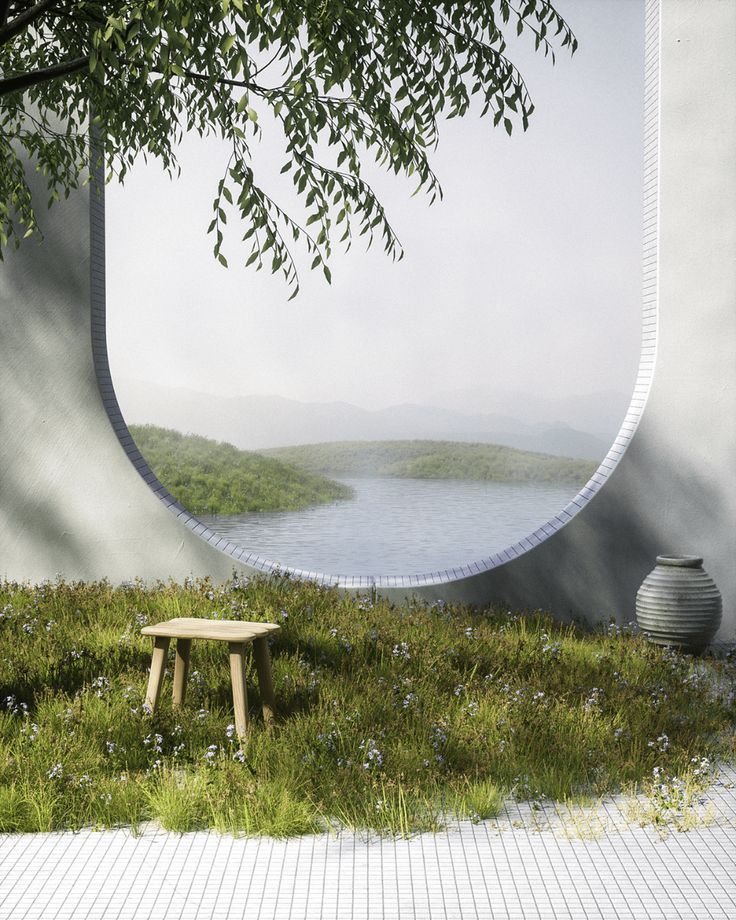 there is a bench in the grass near a large window with a view of water