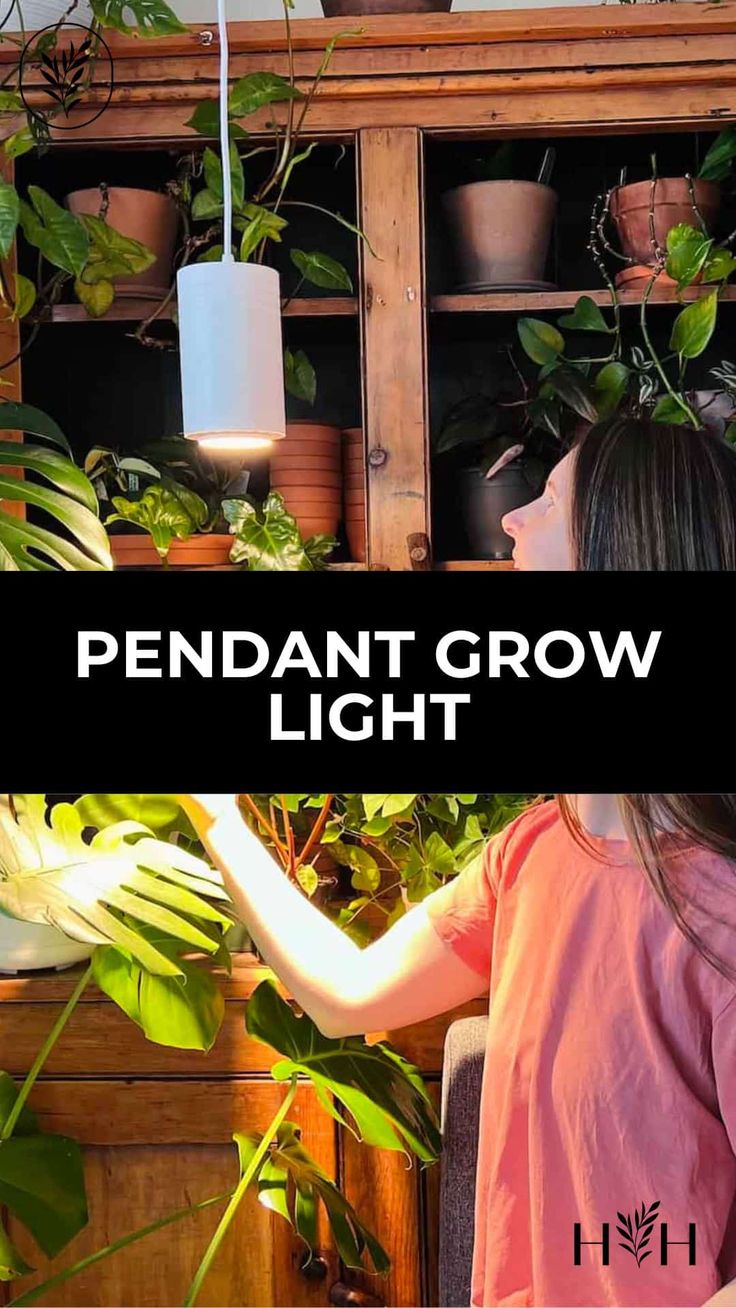 a woman is looking at some plants in a potted planter with the words, pendant grow light