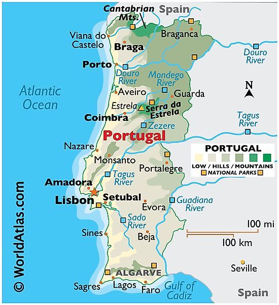 a map of portugal with the capital and major cities on it's borders,