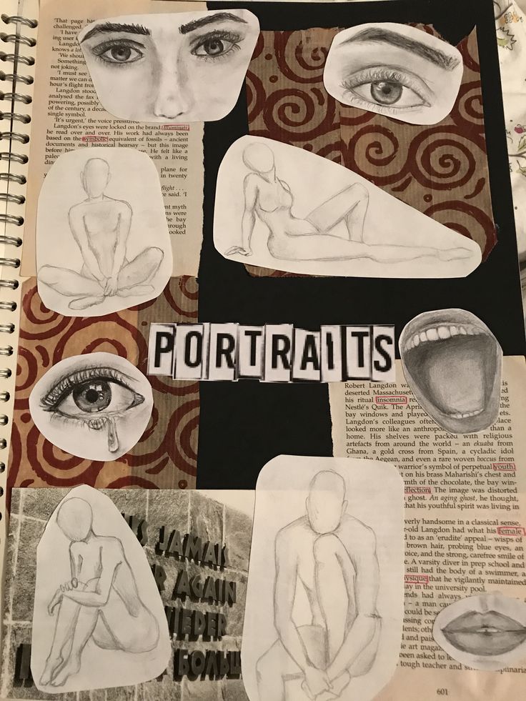 an open book with drawings on it and pictures of women's faces in the pages