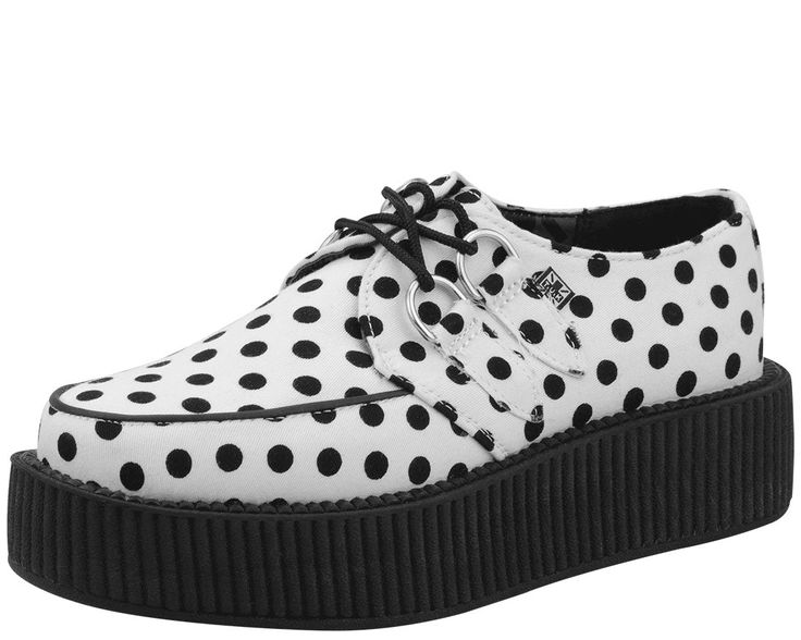 WHITE & BLACK POLKA DOTS MONDO CREEPERS. Mens Creepers, Tuk Creepers, Platforms Boots, Creeper Boots, Gothic Boots, Creepers Shoes, Punk Boots, Shoes World, Stocking Tights