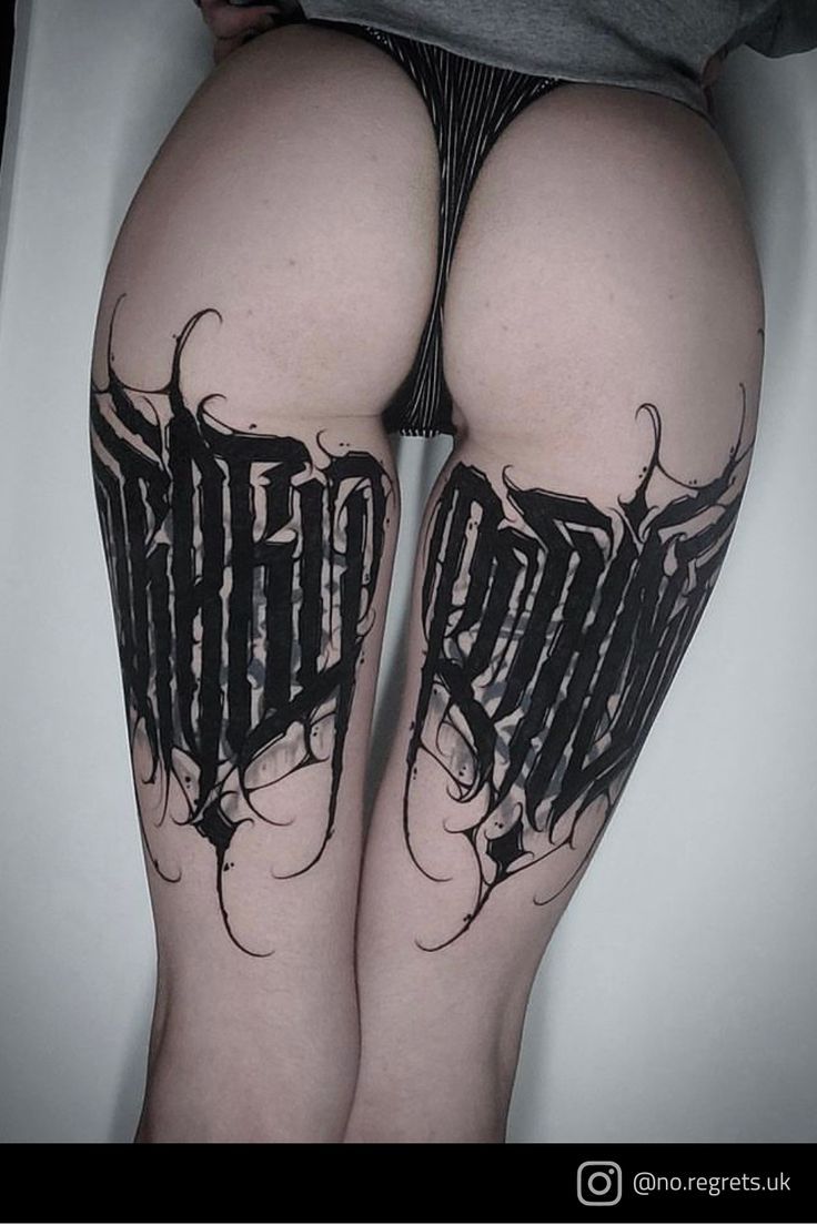 a woman's legs with tattoos on them and the word tattoo written in black ink