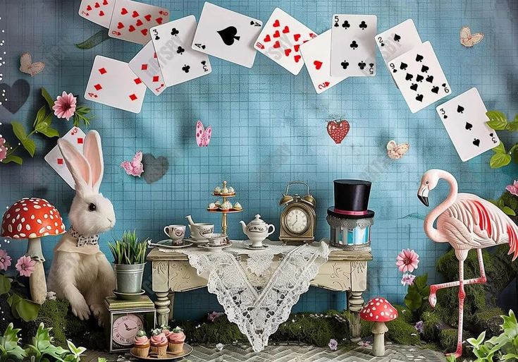 Wonderland Tea Party Backdrop - Gatsby Backdrop Tea Party Backdrop, Alice In Wonderland Classroom, Mad Hatter Garden, Cute Gardens, Tea Party Photography, Flamingo Photography, Wonderland Classroom, Alice In Wonderland Props, Alice In Wonderland Pictures