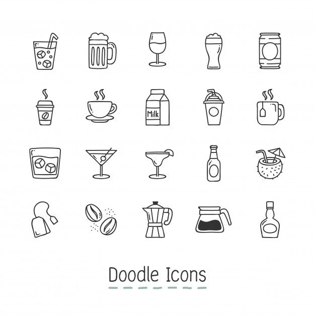 doodle icons are shown in black and white, including drinks, coffee mugs, glasses