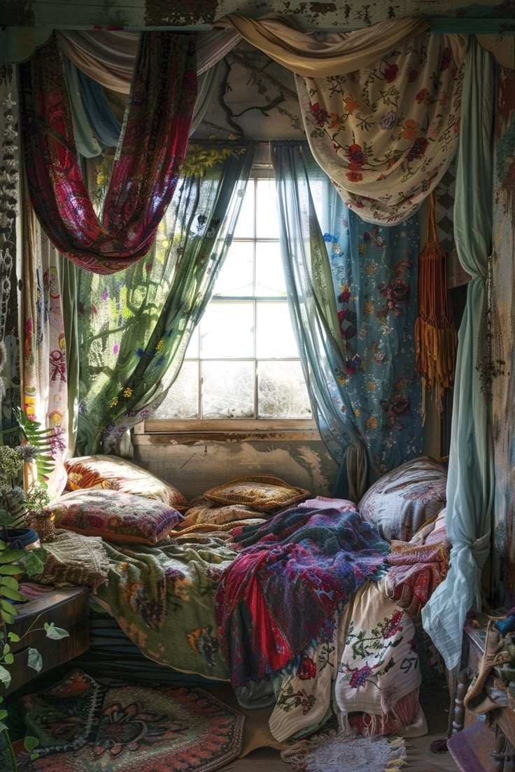 an image of a bedroom setting with flowers on the bed and drapes over the window