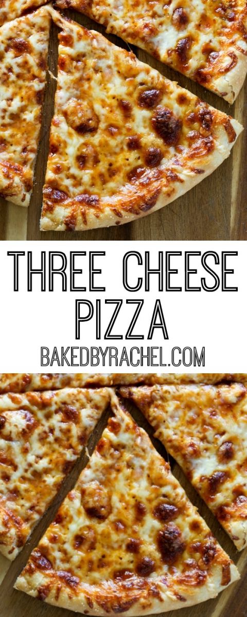 three cheese pizza cut into four slices on a wooden cutting board with text overlay