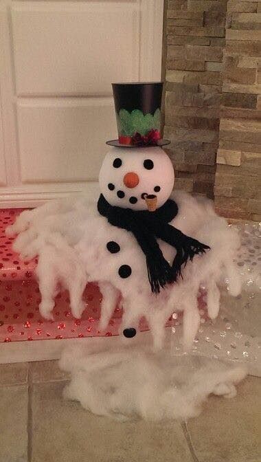 a snowman with a top hat and scarf on it's head sitting in front of a door