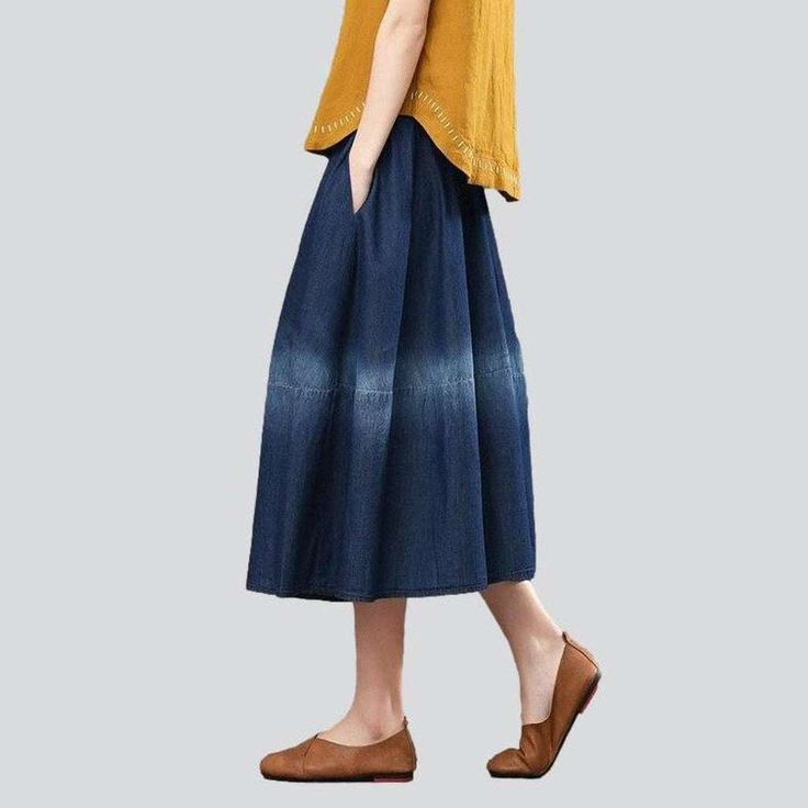 Take your urban trend to the next level with this 2023 Autumn Collection Dark-Wash. Fit-and-Flare. High-Waisted Contrast Band Lengthy Denim Skirt! Crafted with a rubber closure for a snug fit. this piece brings together conventional style and trendy fashion. making it a must-have for any fashion-forward wardrobe.Why You'll Fall in Love Street Style: Combine traditional and fashion vogue effortlessly with this denim skirt. perfect for any street style enthusiast. Dark Wash: The dark wash finish a Spring Mid-rise Washed Denim Skirt, Non-stretch High Waist Denim Skirt For Spring, Denim Blue Flare Skirt For Spring, Spring Denim Blue Flare Skirt, Spring Flare Denim Blue Skirt, Non-stretch Mid-rise Denim Skirt For Spring, High Waist Cotton Denim Skirt For Fall, Denim Skirt Jeans For Spring, Spring Flared Cotton Skirt