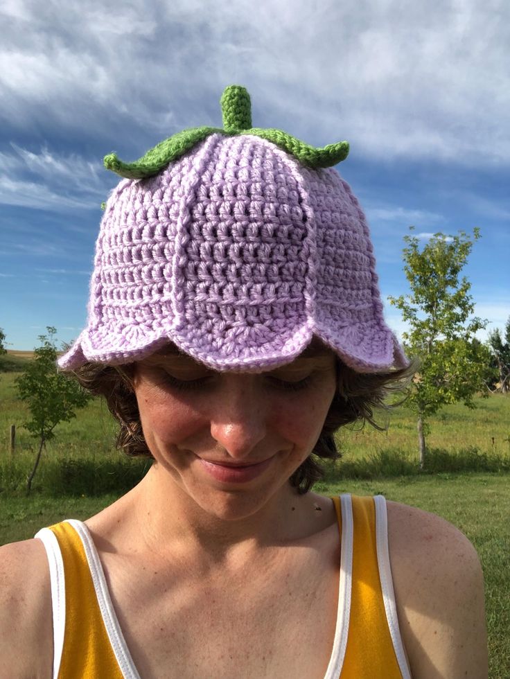 Handmade Crochet Bell Flower Hat. Perfect for your fantasy wardrobe or everyday gardening. Fits like a bucket hat measuring at 22cm in diameter.   Pattern by: Wonderlandpatternsco Fitted Knitted Hat For Spring, Fitted Knitted Spring Hats, Hand Knitted Adjustable Mini Hats For Spring, Adjustable Hand Knitted Mini Hats For Spring, Adjustable Hand-knitted Mini Hats For Spring, Fitted Crochet Spring Cap, Fitted Crochet Cap For Spring, Handmade Whimsical Bucket Hat For Spring, Whimsical Handmade Bucket Hat For Spring