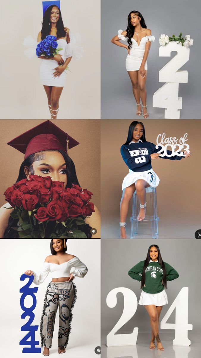 four different images of women in graduation caps and gowns, one with flowers on her head