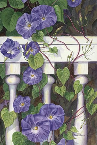 a painting of purple flowers on a white fence