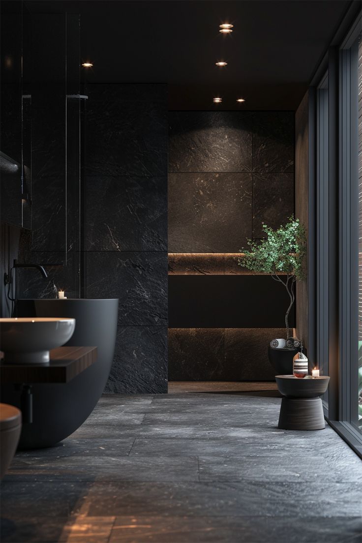 a bathroom with a large tub next to a walk in shower and a plant on the counter