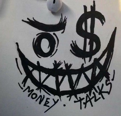 a drawing of a dollar sign with the words money talks painted on it's face