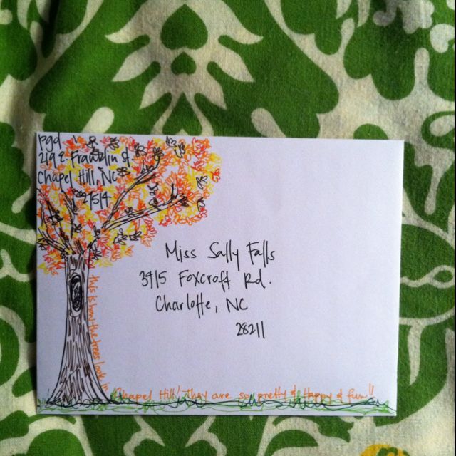 a note with an image of a tree and the words, miss sulfy fields 915 farley rd charlotte, nc 2011