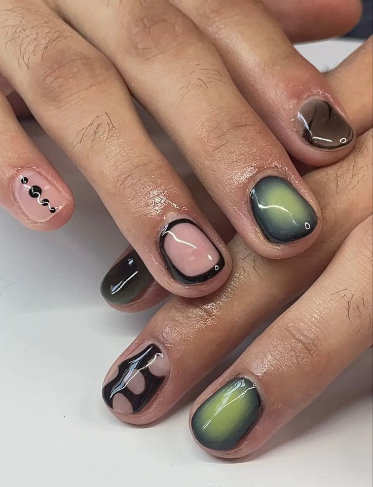 Cool Nails For Guys, Edgy Gel Nails Short, Men Long Nails, Masc Women Nails, Short Nails Masculine, Earthy Nail Art, Nails For Masc Women, Men Gel Manicure, Gel Nails Masc