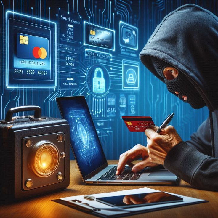 a person in a hoodie is using a laptop and credit card to pay on the internet