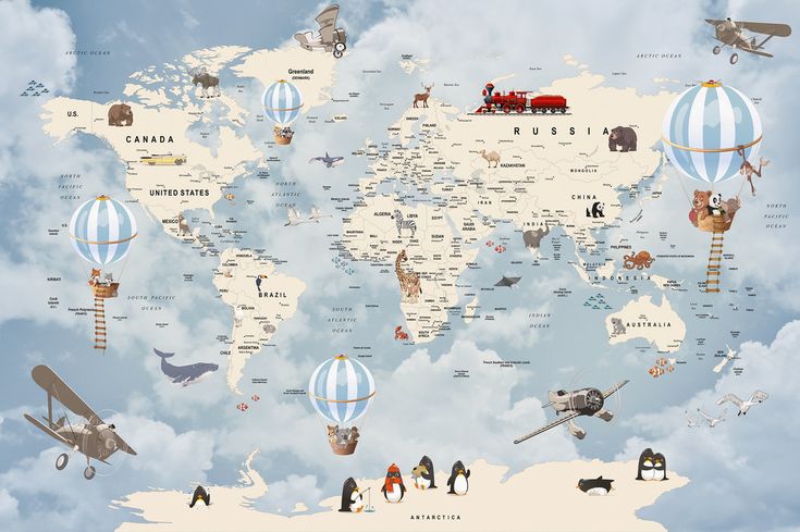 an illustrated map of the world with animals and planes