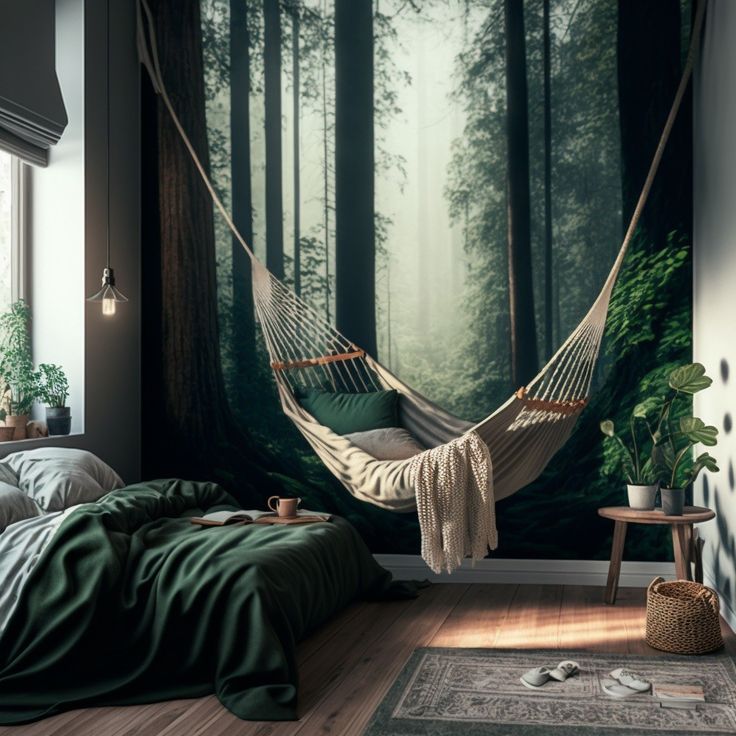 a bedroom with a hammock hanging from the ceiling and a forest mural on the wall