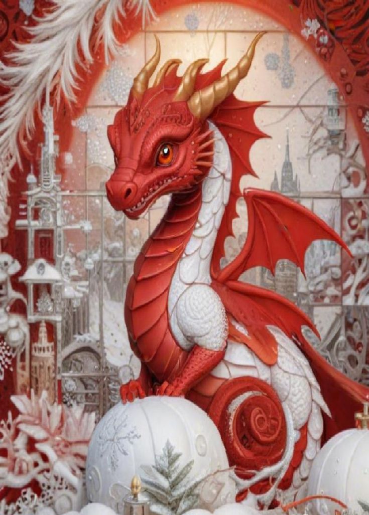 a red dragon sitting on top of white balls