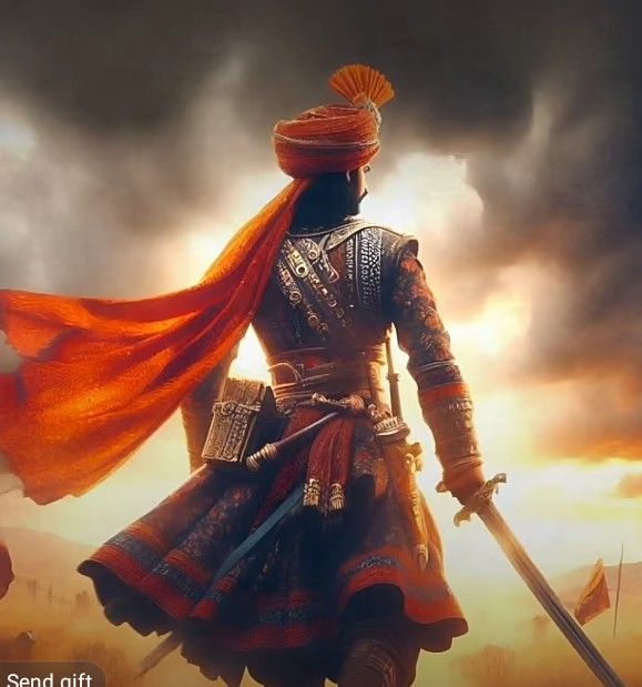 a man in an orange turban and red shawl is holding two swords