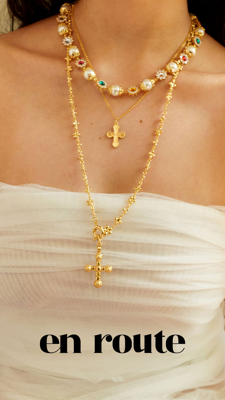 Complete your collection with the hottest set.💎✨ Bohemian Gold Cross Pendant Jewelry, Gold Spiritual Choker Jewelry, Spiritual Gold Choker Jewelry, Unique Gold Necklace With Jewels, Elegant Brass Cross Jewelry, Elegant Brass Cross Pendant Necklace, Elegant Brass Jewelry With Cross Pendant, Elegant Brass Cross Pendant Jewelry, Spiritual Gold Lariat Jewelry