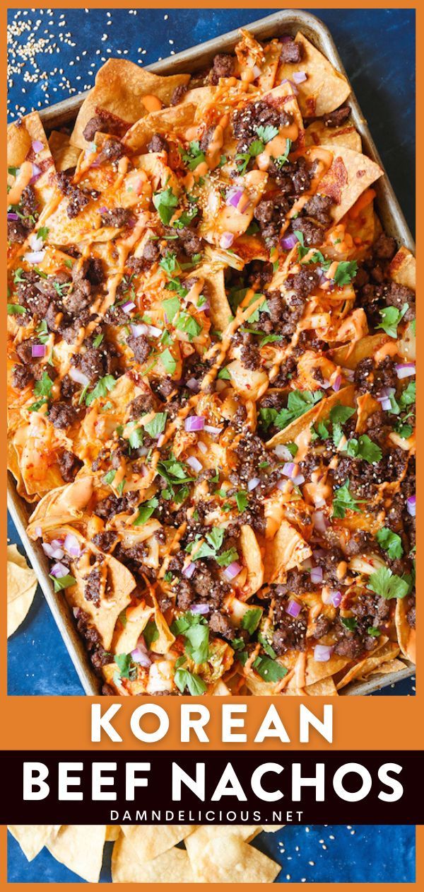 The perfect football food! This game day recipe is a must-try on your next tailgating. Smothered in melted cheese, Korean beef, caramelized kimchi, and a Sriracha mayo drizzle, these nachos are the BEST! Asian Game Day Food, Mexican Game Day Food, Korean Beef Nachos, Football Game Day Recipes, Korean Nachos Recipe, Game Day Nachos, Korean Appetizers For Party, Sunday Game Day Food, Asian Mexican Fusion Recipes