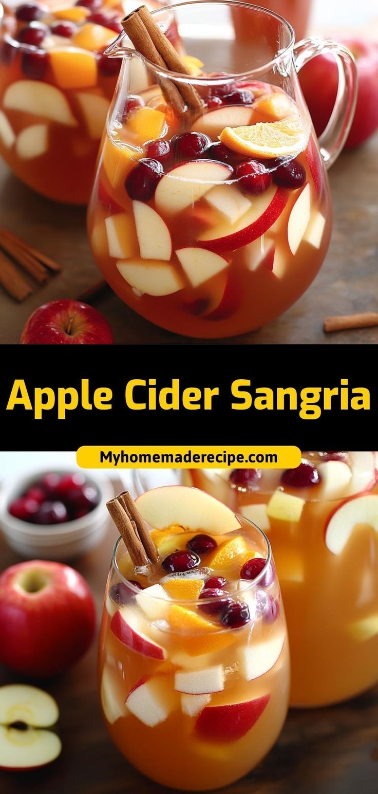 apple cider sangria with cinnamon sticks and apples