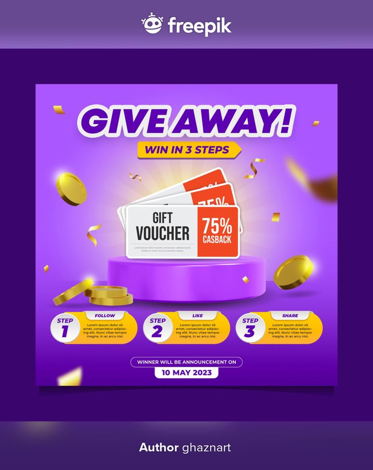 a purple flyer with gold confetti and the words giveaway win in 3 steps