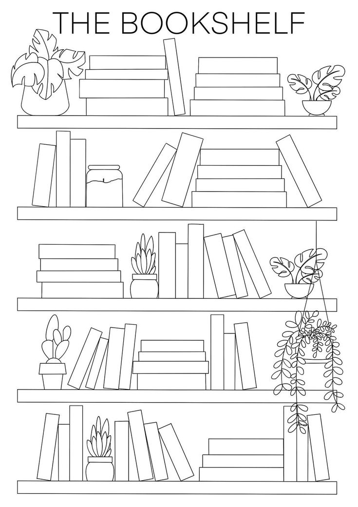 the bookshelf is full of books and plants to color for children's coloring pages