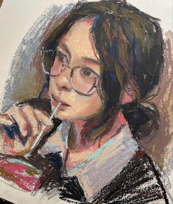 a drawing of a woman with glasses holding a cell phone