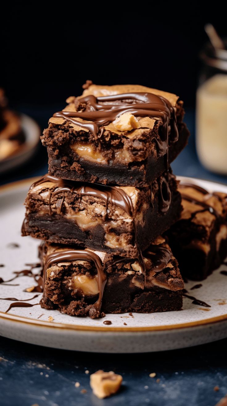 three pieces of chocolate peanut butter brownie stacked on top of each other