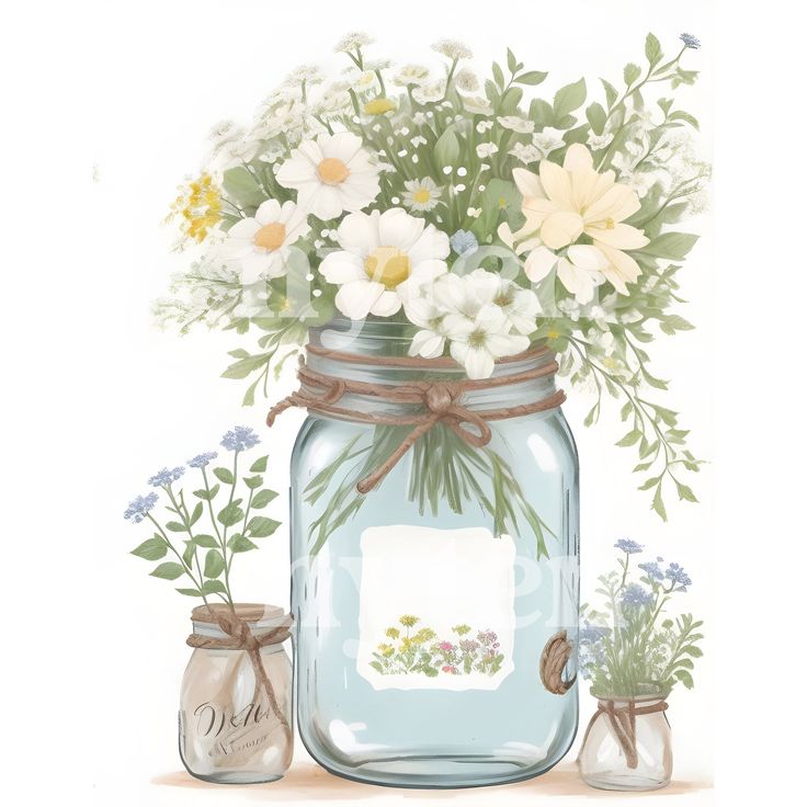 a painting of flowers in a mason jar with two jars on the ground and one vase full of flowers