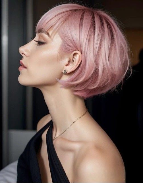 Bobbed Blonde Hairstyles, Lilac Short Hair, Short Concave Bob, Pink Bob With Bangs, Short Pastel Pink Hair, Pink Pixie Hair, Pink Haircut, Pink Short Hair, Pink Pixie