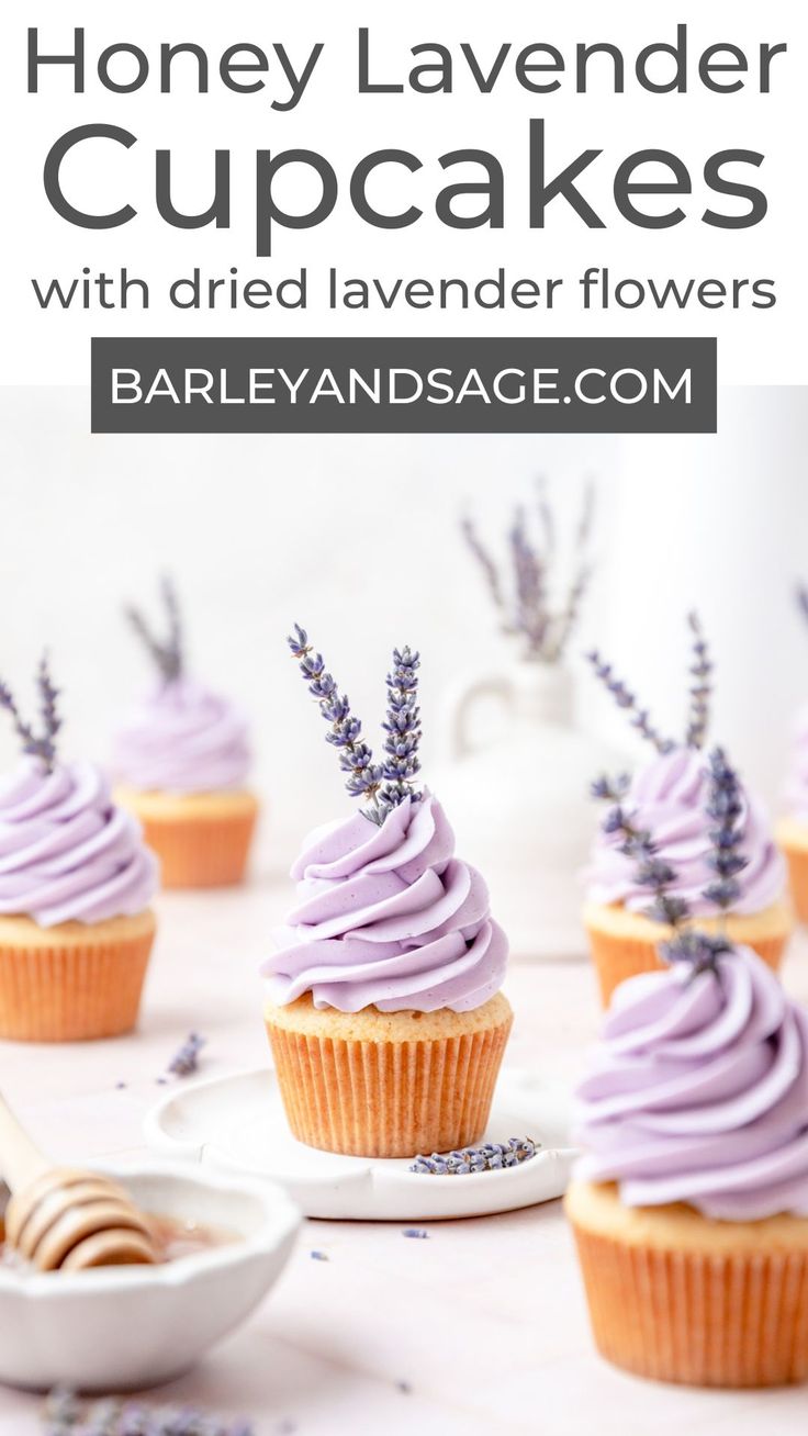 honey lavender cupcakes with dried lavender flowers in the background and text overlay reading honey lavender cupcakes with dried lavender flowers