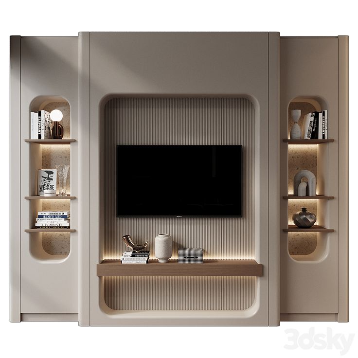 an entertainment center with built in shelves and a flat screen tv mounted on the wall