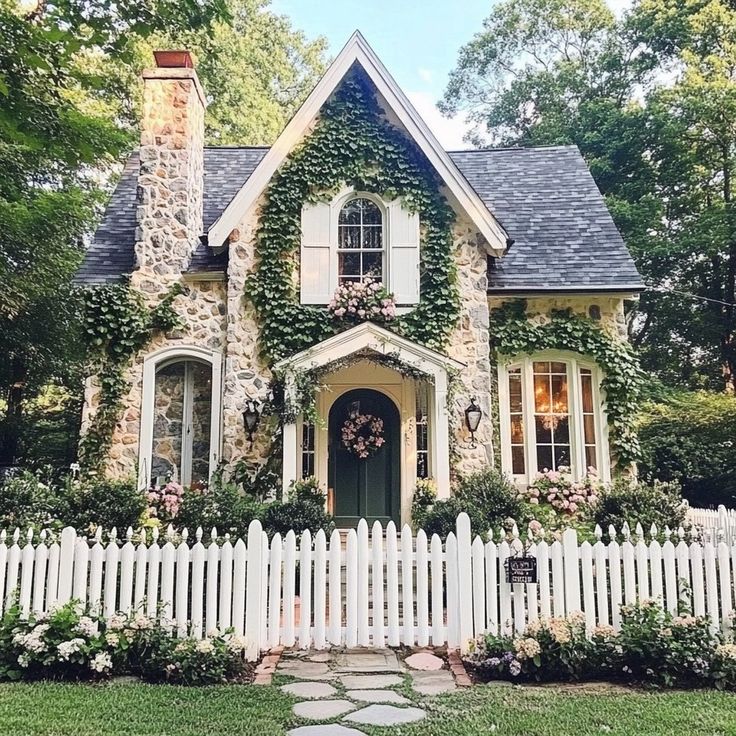 a house with ivy growing all over it's walls and windows, along with a white picket fence