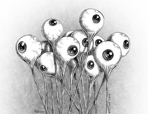 an ink drawing of some strange looking plants with eyes on it's heads and long stems