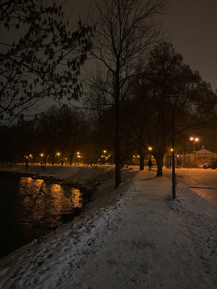 a person walking down a snow covered path at night with street lights in the distance