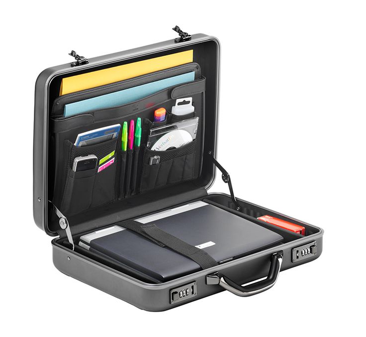 an open briefcase filled with office supplies on top of a white background and clippings