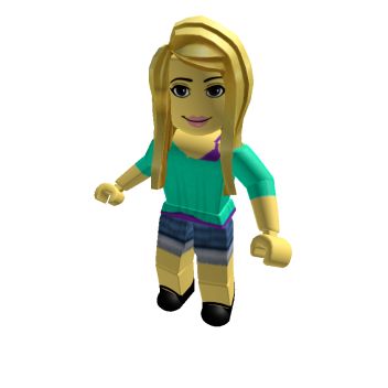 a lego girl with blonde hair and green shirt standing in front of a white background