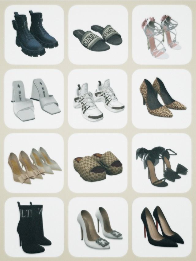 nine pairs of high heeled shoes arranged in squares