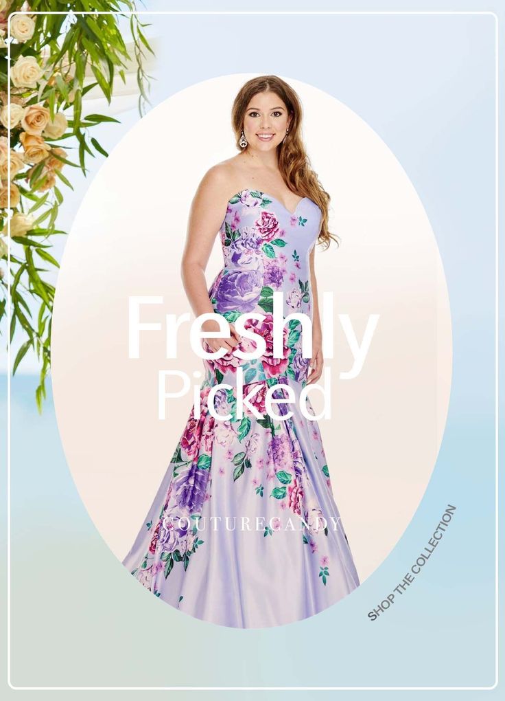 a woman in a dress with flowers on it and the words, freshy paid