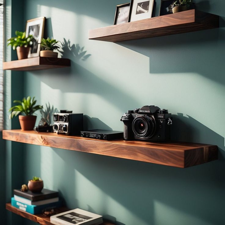 two wooden shelves with cameras on them in a green walled room next to potted plants