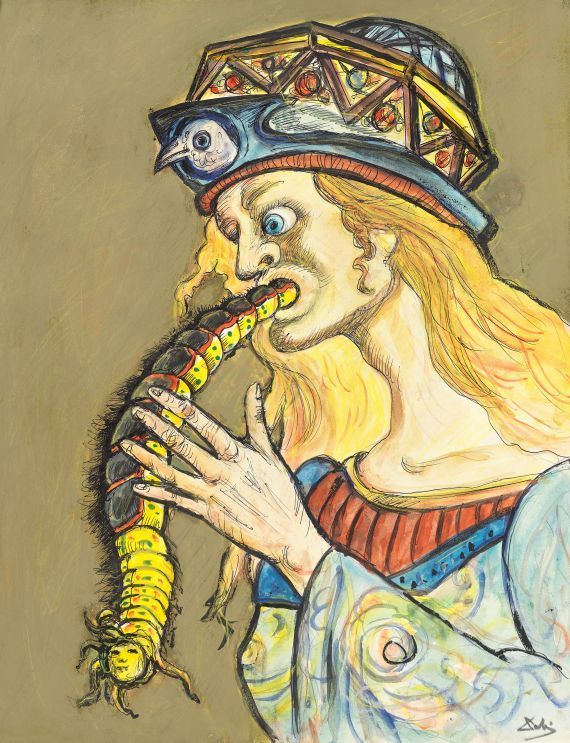 a drawing of a man with a snake in his mouth and a hat on top of his head