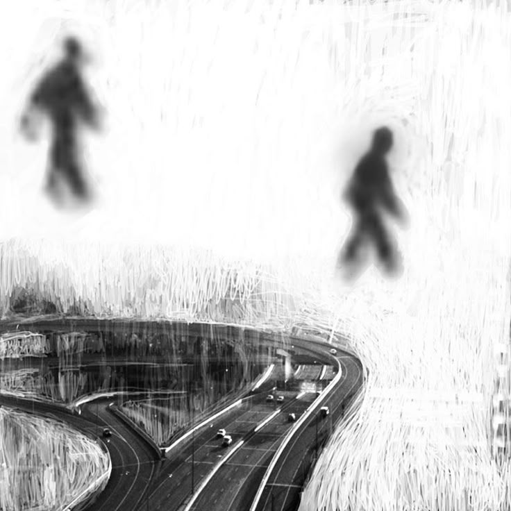 a black and white drawing of two people walking on a bridge over a road with traffic