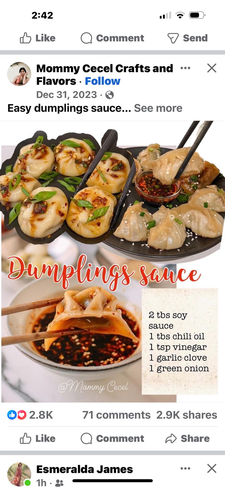 the menu for dumplings sauce is displayed on an iphone screen with other food items