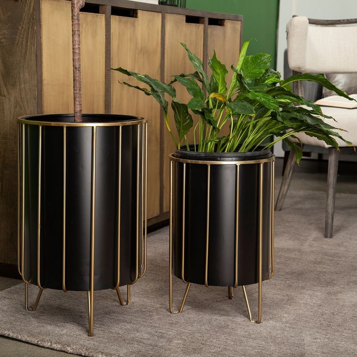 two black and gold planters sitting next to each other on a carpeted floor