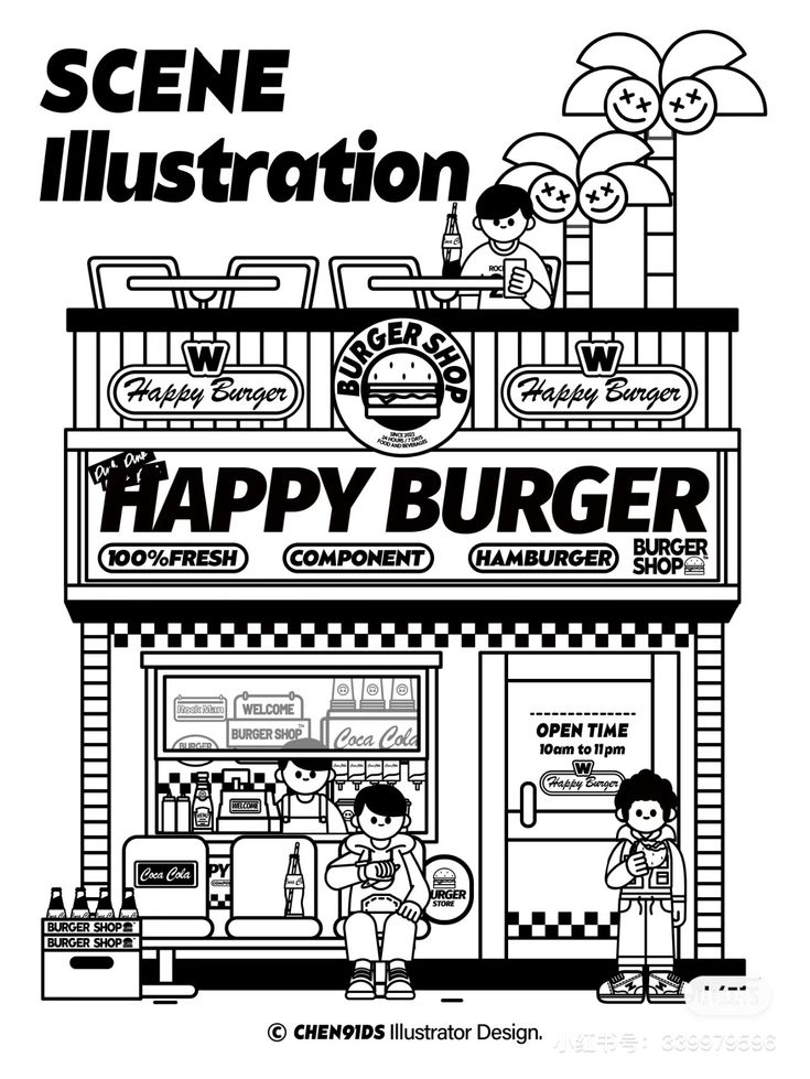 a black and white image of a happy burger shop with the words scene illustration on it